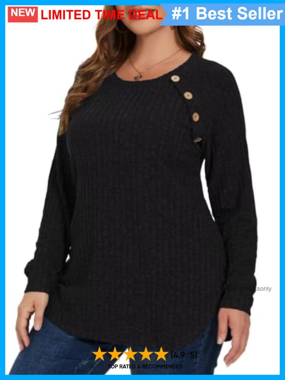Plus Size Ribbed Knit Tunic Sweater Side Button Curved Hem Long Sleeve Top